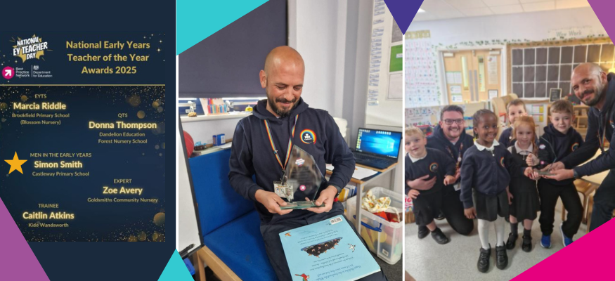 Three images across the banner. The left hand image is a list of award winners, the middle image is of a male teacher receiving his award, looking at it and smiling. The right hand image is the teacher with his award and a group of primary aged school children looking at the camera.